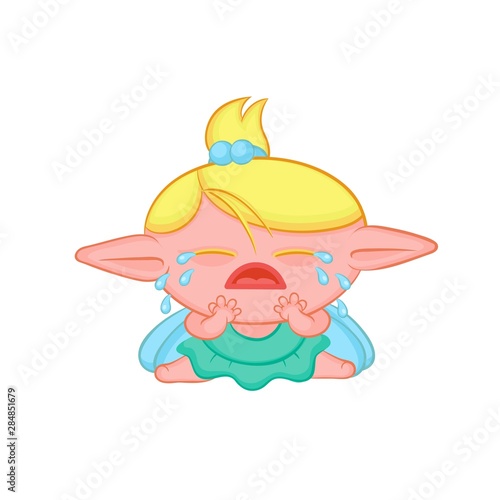 Weeping elf fairy with wings. Cute sobbing blond girl sorceress in dress vector fantastic character isolated cartoon illustration.