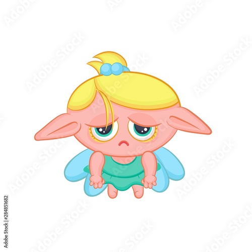 Sad elf fairy with wings. Cute blond melancholy girl sorceress in dress vector fantastic character isolated cartoon illustration.