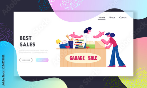 Outdoor Garage Sale Website Landing Page. Woman Offer Junk Goods, Odd Rummage Objects and Different Old Things for People to Buy during Weekend Fair Web Page Banner. Cartoon Flat Vector Illustration
