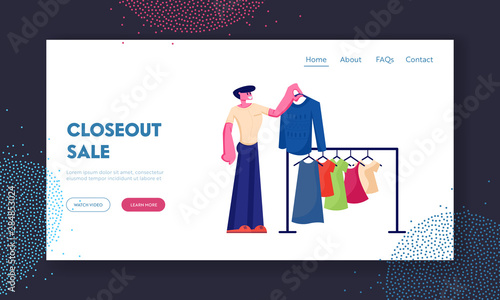 Outdoor Garage Sale Event Website Landing Page. Man Watching Different Old Second Hand Clothing on Hanger to Buy during Weekend Fair, Spare Time Hobby Web Page Banner. Cartoon Flat Vector Illustration