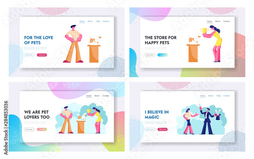 Pet Show Competition and Circus Magical Trick Website Landing Page Set. Owner Presenting Poodle at Exhibition, Magician Holding Top Hat with Rabbit. Web Page Banner. Cartoon Flat Vector Illustration