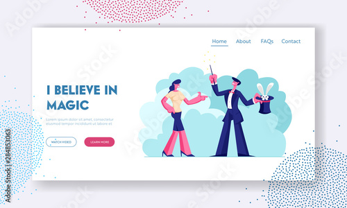 Circus Magical Trick Website Landing Page. Woman Watching Entertainment Magician Holding Top Hat with Bunny. Artist Presenting Illusion Performance Web Page Banner. Cartoon Flat Vector Illustration