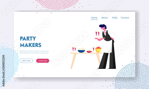 Waiter in Uniform Serving Guests Website Landing Page. Restaurant or Bar Staff Carrying Tray with Glasses of Red Wine Put them on Table with Dishes Web Page Banner. Cartoon Flat Vector Illustration