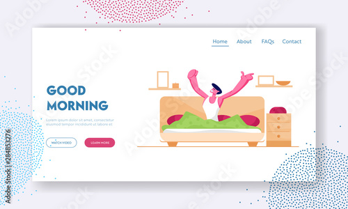 Man Waking Up at Morning in Good Mood Website Landing Page. Awaken Happy Male Character Stretching Sitting on his Bed after Getting Up in Bedroom Web Page Banner. Cartoon Flat Vector Illustration