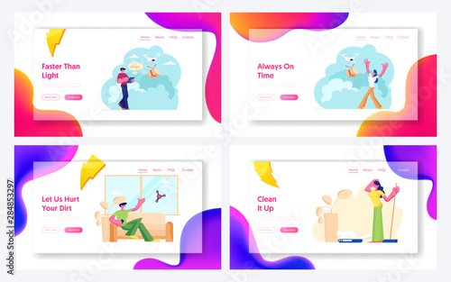 Quadcopter Fast Delivery and Cleaning Smart Technology Website Landing Page. Man Controlling Drone Delivering Parcel Box, People Use Robot in Household Web Page Banner Cartoon Flat Vector Illustration