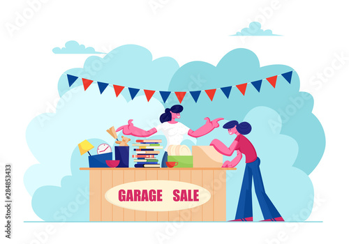Outdoor Garage Sale with Housewares, Clothing, Books and Toys. Woman Offer Junk Goods, Odd Rummage Objects and Different Old Things for People to Buy. Weekend Fair Cartoon Flat Vector Illustration