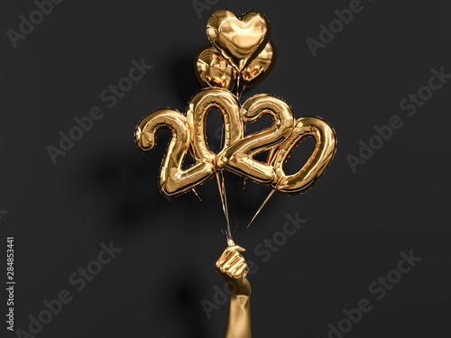 New year 2020 celebration. Gold foil balloons numeral 2019 holding hand on black wall background. 3D rendering
