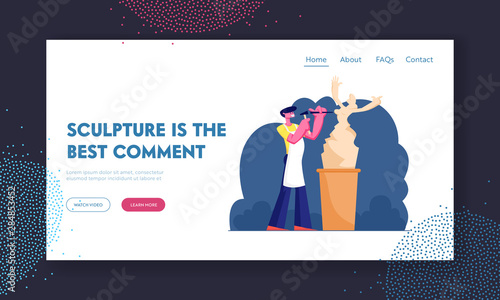 Craft Hobby and Creative Profession Website Landing Page. Sculptor Working on Sculpture Making Statue of Stone or Marble. Talented Artist Carver Hobby Web Page Banner. Cartoon Flat Vector Illustration
