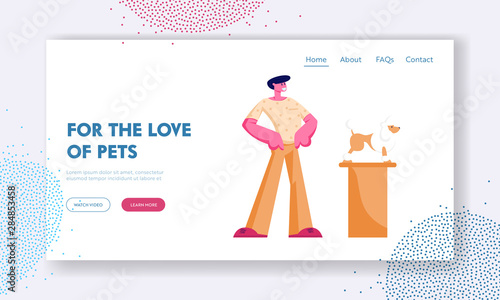 Pet Show Competition Website Landing Page. Proud Owner Presenting Poodle at Exhibition, Groomed Dog Winner Stand on Pedestal Take Part in Competition, Web Page Banner. Cartoon Flat Vector Illustration