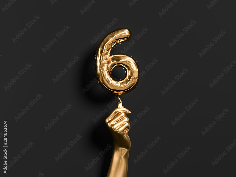 Six year birthday. Golden hand holding Number 6 foil balloon. Six-year anniversary background. 3d rendering - obrazy, fototapety, plakaty 