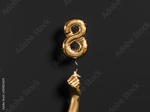 Eight year birthday. Golden hand holding Number 8 foil balloon. Eight-year anniversary background. 3d rendering photo