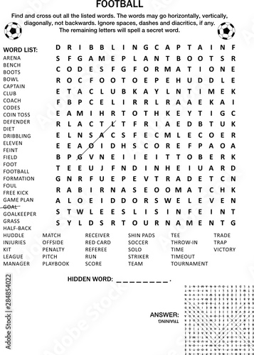 Football (soccer) themed word search puzzle. Suitable both for kids and adults. Answer included.