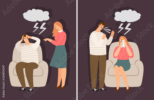 Domestic violence vector concept. Male and female abusing illustration