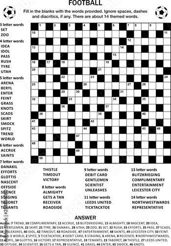 Football (soccer) themed 19x19 criss-cross (kriss-kross, fill in the blanks) crossword puzzle or word game (English language). Suitable both for elder children and adults. Answer included.