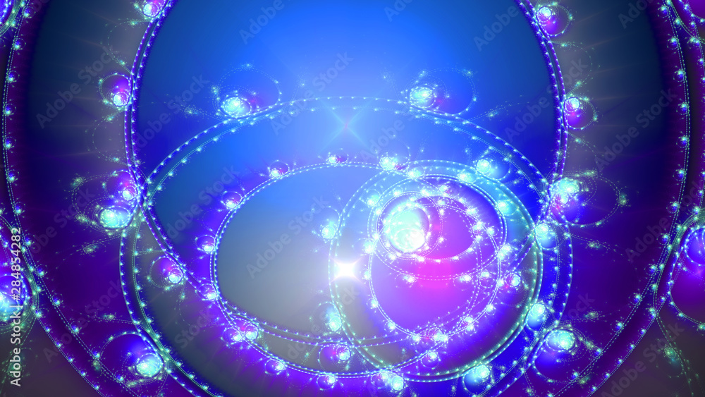 Obraz premium Abstract intricate extravagant fractal background made out of interconnected rings, stars and decorative twisted patterns in shining pink,blue green,purple