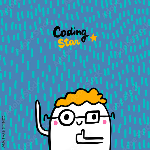 Coding star hand drawn vector illustration in cartoon style. Cute programmer happy