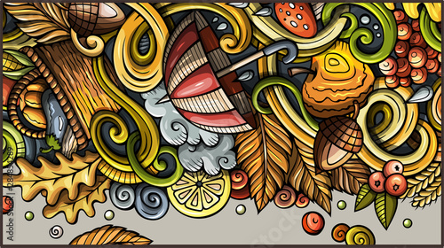 Cartoon cute colorful hand drawn doodles Fall season banner