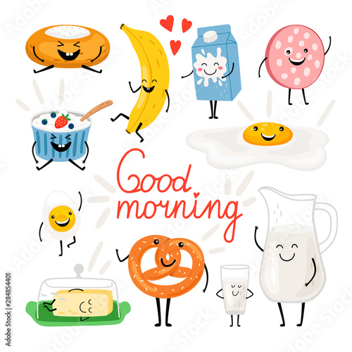 Breakfast funny food. Delicious menu friends with smiles, coffee cup character, cartoon egg and tasty pretzel, cute milk and yogurt for kids invitation
