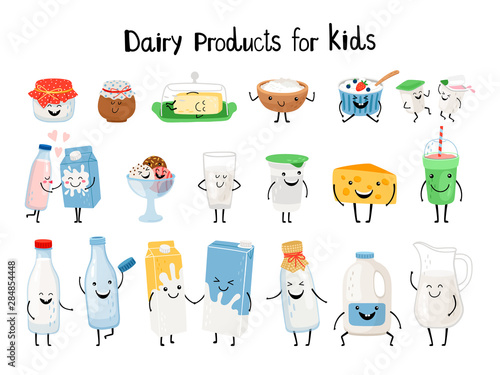 Dairy products for kids. Kid dairy snacking, kawaii organic yogurt and milk, yummy butter and cheese cream characters vector illustration isolated on background