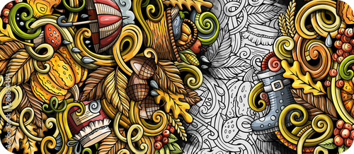 Cartoon cute colorful hand drawn doodles Fall season banner