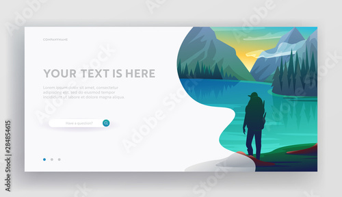 Travel Website Landing Page. Young Man Traveler with Backpack Stand on Coast of Beautiful Azure Lake Surrounded with Mountains and Trees. Hiking Hobby Web Page Banner. Cartoon Flat Vector Illustration