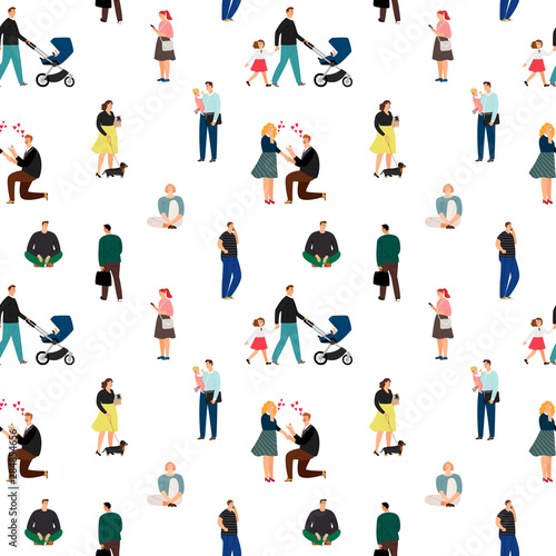 Family people white pattern. Men and women vector illustrations seamless pattern, casual peoples background, adult man and woman in love and with kids texture