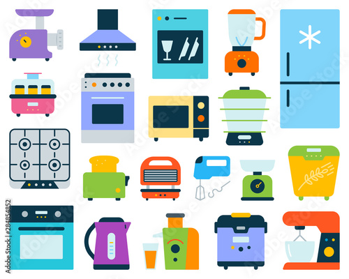 Kitchen appliance equipment flat color vector set