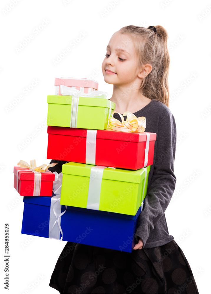 blonde girl holding in hands lots of boxes with gifts on isolated background blonde girl holding in hands lots of boxes with gifts on isolated background