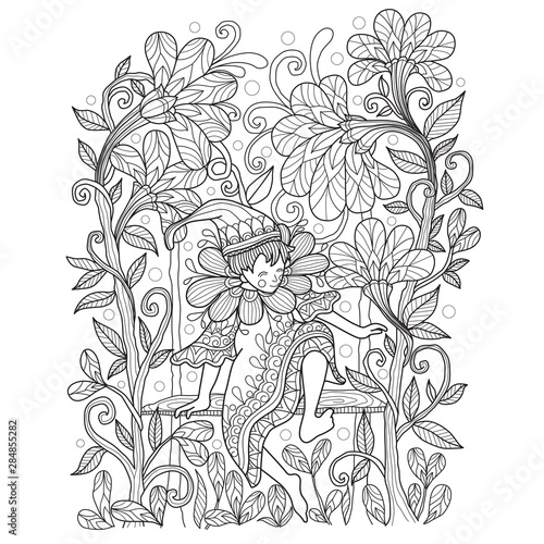 Hand drawn sketch illustration of elf in the garden for adult coloring book.