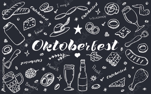 Set of isolated elements on a white background. Hand lettering. Oktoberfest. Can be used as a poster, flyer, background.