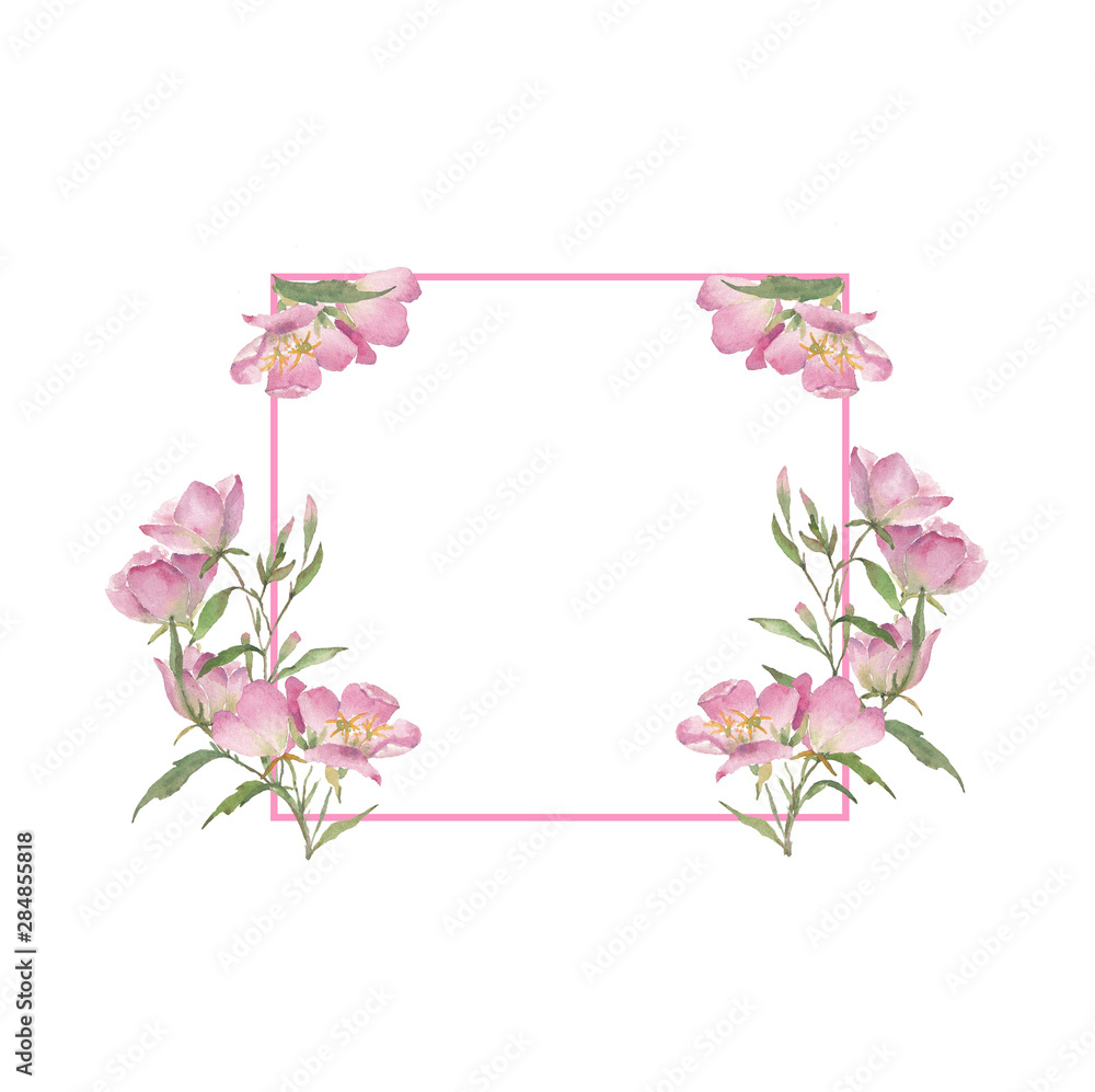 Square frame with watercolor pink flowers on a white background.