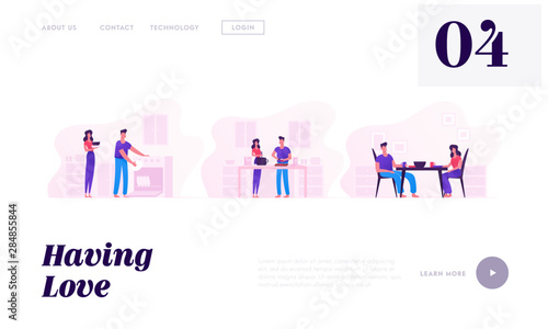 Young Loving Couple Cooking Together Website Landing Page. Family Prepare Food, Having Meal and Washing Dishes. Every Day Routine, Love and Relations Web Page Banner. Cartoon Flat Vector Illustration