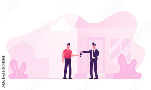 Realtor Selling or Renting House to Young Man Buying Home. Manager Male Character Wearing Formal Suit Make Deal with Owner of House Giving him Key for New Living Place Cartoon Flat Vector Illustration