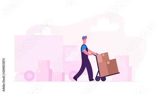 Relocation and Moving into New House Concept. Worker Wearing Uniform Pushing Trolley with Cardboard Boxes Unloading Truck. Professional Delivery Company Loader Service Cartoon Flat Vector Illustration