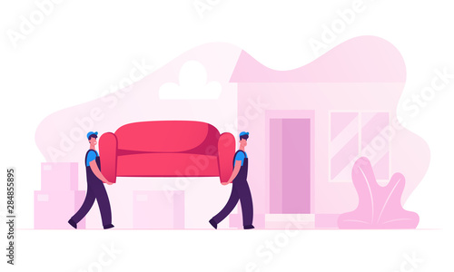 Relocation and Moving into New House. Workers Carry Sofa. Professional Furniture Delivery Company Loader Service. Two Male Deliverymen Wearing Uniform Carrying Couch. Cartoon Flat Vector Illustration