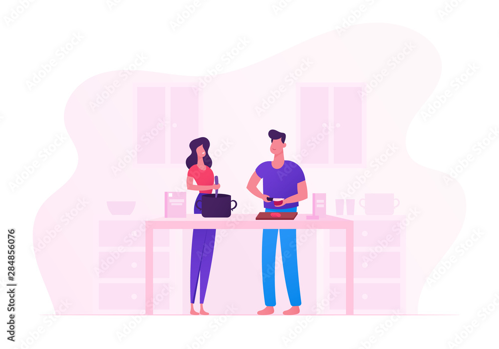Family Prepare Food at Home. Young Loving Couple Cooking Together on Kitchen Man Cutting Vegetable, Woman Stir Soup. Every Day Routine, Love and Human Relations. Cartoon Flat Vector Illustration