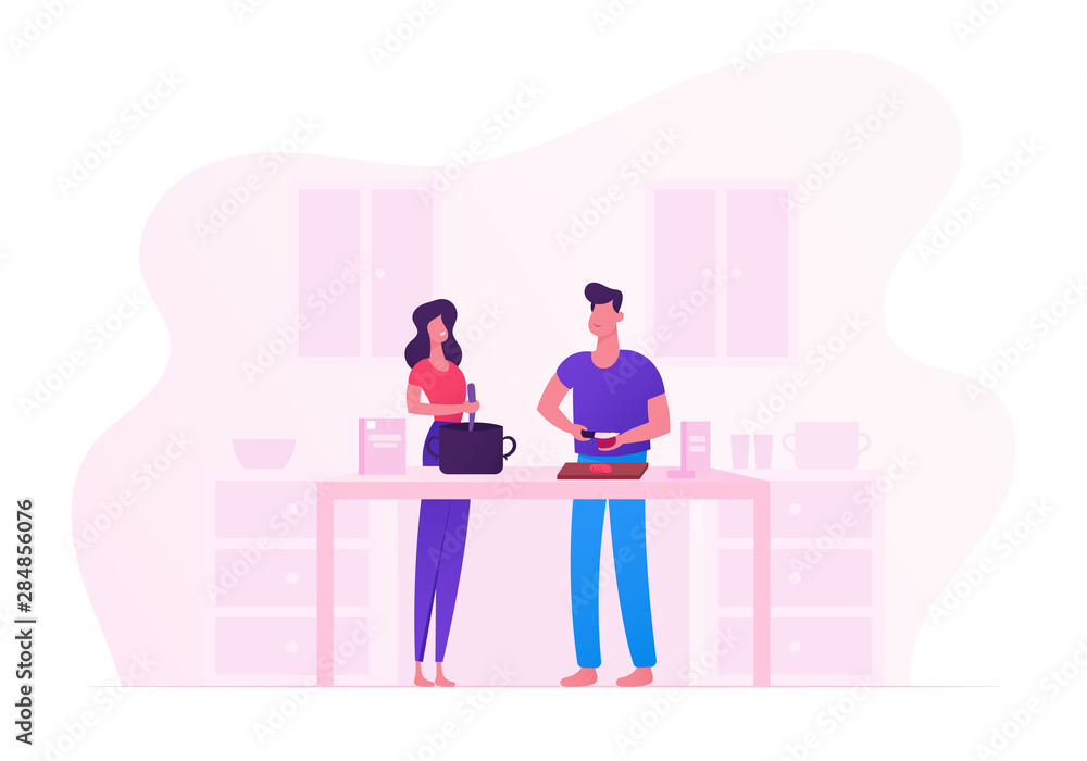 Family Prepare Food at Home. Young Loving Couple Cooking Together on Kitchen Man Cutting Vegetable, Woman Stir Soup. Every Day Routine, Love and Human Relations. Cartoon Flat Vector Illustration Family Prepare Food at Home. Young Loving Couple Cooking Together on Kitchen Man Cutting Vegetable, Woman Stir Soup. Every Day Routine, Love and Human Relations. Cartoon Flat Vector Illustration