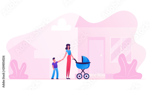 Young Woman with Baby Stroller Holding Hand of Little Son Stand in front of Doorstep of New House. Happy Family of Mother and Children Walking in Home Yard, Parenting Cartoon Flat Vector Illustration