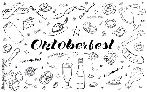 Set of isolated elements on a white background. Beer, glasses, cheese, pretzel, snacks, chicken, banger, sausages, opener. Hand lettering. Oktoberfest. Can be used as a poster, flyer, background.