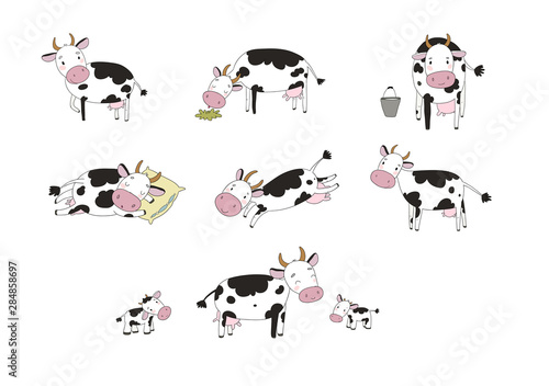 Set with cute cartoon cow. Farm animals