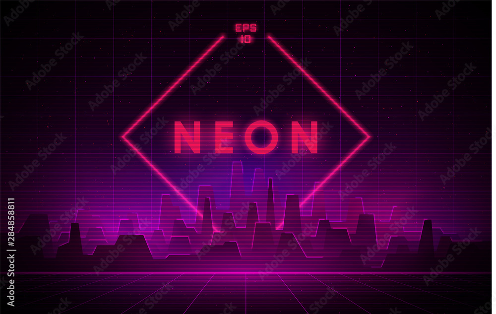 Naklejka premium Retrowave night city with laser grid and big neon rhombus on background. Futuristic cityscape with glowing neon pink and purple lights and fog on dark background.