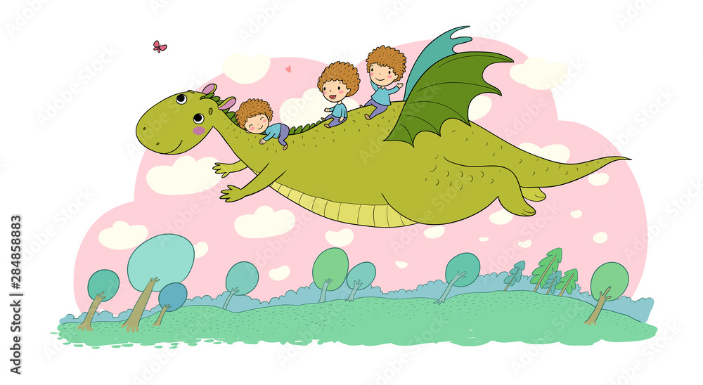Obraz premium The boy and the dinosaur. The prince flies on a dragon.