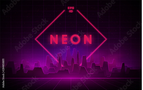 Retrowave night city with laser grid and big neon rhombus on background. Futuristic cityscape with glowing neon pink and purple lights and fog on dark background.