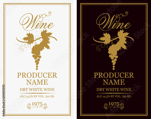 Vector set of two labels for wine with bunches of grapes and calligraphic inscriptions in retro style
