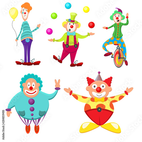 Cute  funny  multicolored set of clowns with different emotions. Thick  skinny  funny  funny  joyful on a bike  with balls in hats  clowns. Circus  holiday  good mood  fun. Modern vector flat image