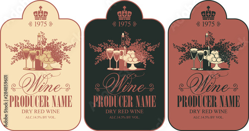 Vector set of wine labels with still life and calligraphic inscription in figured frame in retro style
