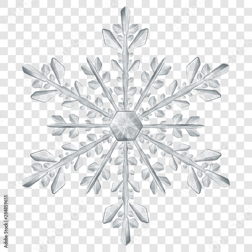 Big complex translucent Christmas snowflake in gray colors for use on light background. Transparency only in vector format