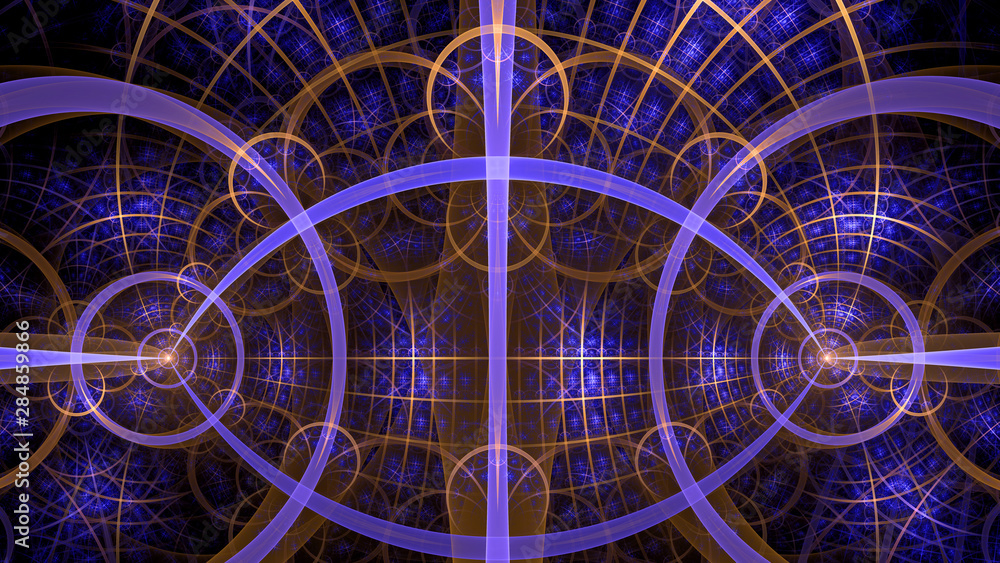 Abstract fractal background made out of intricate pattern of interconnected rings, arches and geometric patterns in glowing purple, orange