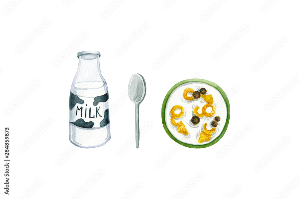 Watercolor cereals in bowl, bottle of milk, spoon. Isolated on white hand drawn illustration of breakfast food perfect for kitchen design, fabric textile, wallpaper, poster, icon, label, logo Watercolor cereals in bowl, bottle of milk, spoon. Isolated on white hand drawn illustration of breakfast food perfect for kitchen design, fabric textile, wallpaper, poster, icon, label, logo