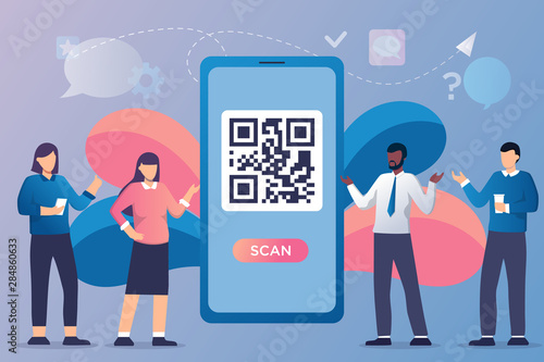 QR code scanning vector illustration concept, people use smartphone and scan qr code for payment and everything, can use for, landing page, template, ui, web, mobile app, poster, banner, flyer